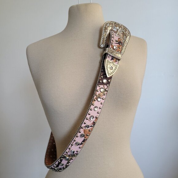 Blazin Roxx Ladies Rhinestone Pink & Brown Studded Leather Belt (Size: XL) - Picture 5 of 13